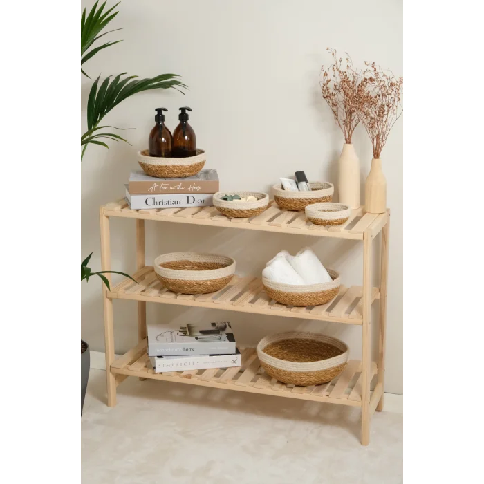 Giorgia -  7 li Dekoratif Doğal El Örmesi Hasır Yuvarlak Sepet Seti, Meyvelik, Sabunluk, Havluluk, Banyo Organizer