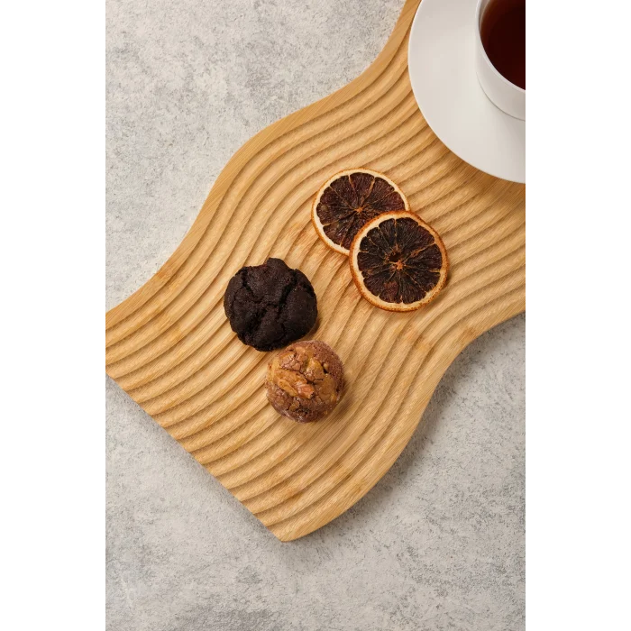 Karven - 2 li Dekoratif Bambu Ahşap Oymalı Dalgalı ve Gökkuşağı Sunum Tepsisi Dekor Sunumluk