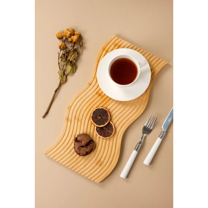 Karven - 2 li Dekoratif Bambu Ahşap Oymalı Dalgalı ve Gökkuşağı Sunum Tepsisi Dekor Sunumluk