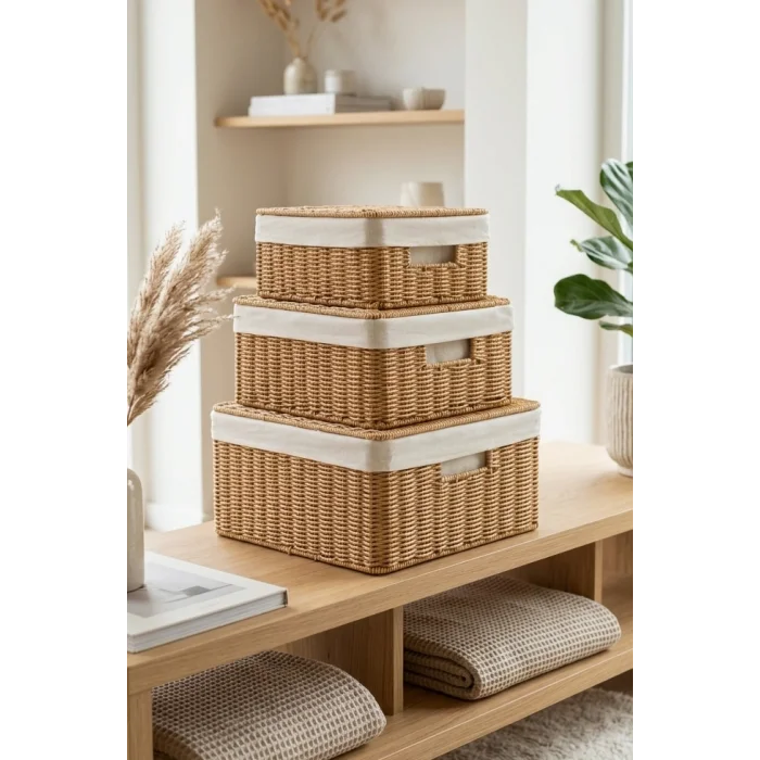 Kyle - 3 lü Rattan Kapaklı İç Korumalı Dikdörtgen Organizer Çok Amaçlı Sepet Seti