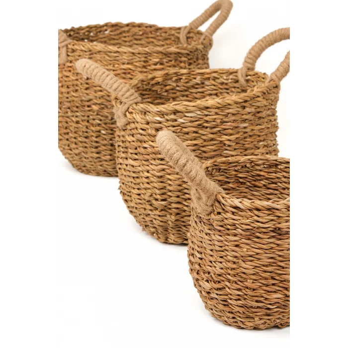 Marie - Dekoratif Doğal El Örmesi Kulplu Hasır 3 lü Saksı Sepet Seti