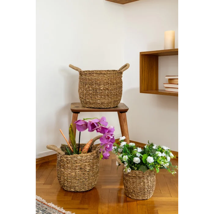 Marie - Dekoratif Doğal El Örmesi Kulplu Hasır 3 lü Saksı Sepet Seti