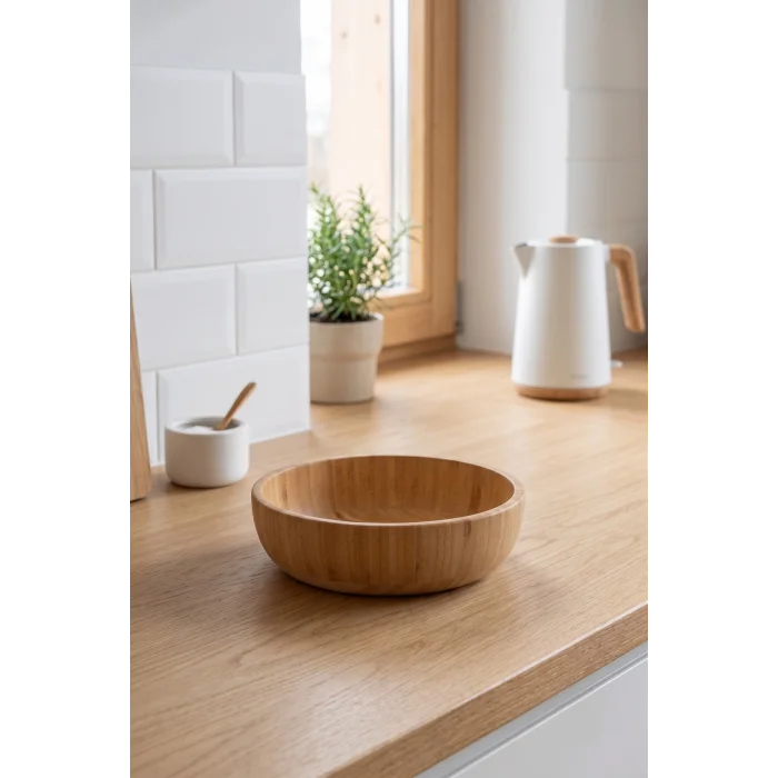 Mia - 24 cm Bambu İkeanatural Salata Kasesi, Sunum Kasesi, Dekoratif Kase, İskandinav Kase
