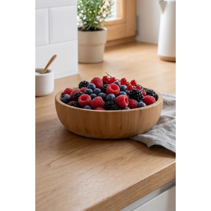 Mia - 24 cm Bambu İkeanatural Salata Kasesi, Sunum Kasesi, Dekoratif Kase, İskandinav Kase