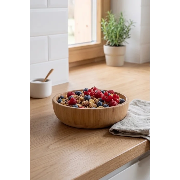 Mia - 24 cm Bambu İkeanatural Salata Kasesi, Sunum Kasesi, Dekoratif Kase, İskandinav Kase