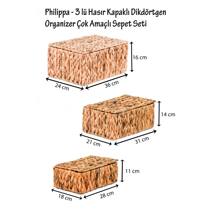 Philippa - 3 lü Hasır Kapaklı Dikdörtgen Çok Amaçlı Sepet Seti