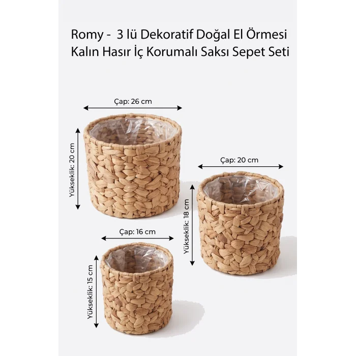 Romy - 3 lü Dekoratif Doğal El Örmesi Kalın Hasır İç Korumalı Saksı Sepet Seti