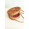 Melina - Rattan El Yapımı Deri Askı Detaylı Hasır Yuvarlak Omuz Çantası