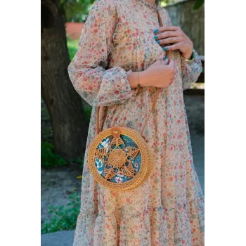 Melisa - Rattan El Yapımı Deri Askı Detaylı Hasır Yuvarlak Omuz Çantası