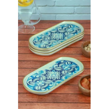 Turquaz Soft Pure - 4 Adet HandMade El Baskılı Seramik Servis ve Sunum Tabağı, Çerezlik 22 cm