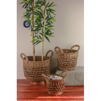 Stela - Dekoratif Doğal El Örmesi Kulplu Hasır 3 Lü Saksı Sepet Seti 32 Cm