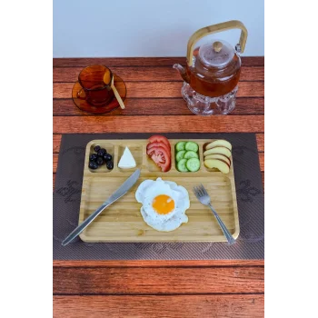 Mina - Bambu Sunum Ve Kahvaltı Tabağı, Steak Sunum Tabağı Büyük Boy Bambu Tabak 6 Bölmeli 32 x 24 cm