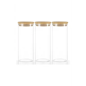 Donna - 3 Adet Bambu Vakum Kapaklı Borosilikat Cam Saklama Kabı 21 x 8,5 cm, Baharatlık 1.000 ml