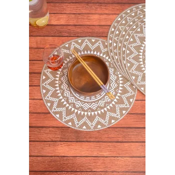 Ethnic - 6 Adet Jüt El Baskılı Yuvarlak Sofra Sunum Tabak Altlığı Supla Amerikan Servisi 38 Cm