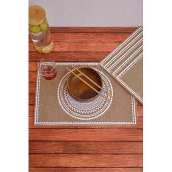 Ethnic - 6 Adet Jüt El Baskılı Dikdörtgen Sofra Sunum Tabak Altlığı Supla Amerikan Servisi 45x30 Cm
