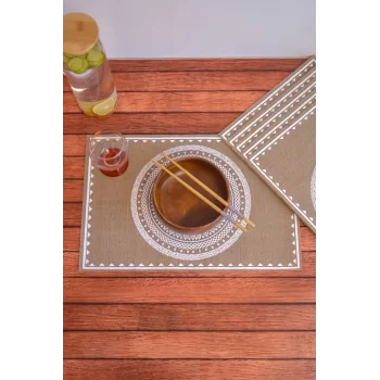 Ethnic - 6 Adet Jüt El Baskılı Dikdörtgen Sofra Sunum Tabak Altlığı Supla Amerikan Servisi 45x30 Cm