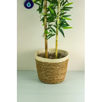 Natalie - Dekoratif Doğal El Örmesi Hasır Büyük Boy Şeritli Saksı Sepeti 31 Cm