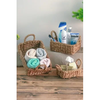Gianna - Dekoratif Doğal El Örmesi Dikdörtgen Kulplu Hasır 3 Lü Sepet Seti, Banyo Organizer
