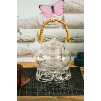 Thea - Bambu Saplı Cam Süzgeçli Borosilikat Cam Demlik Ve Isıtıcı Seti 800 Ml