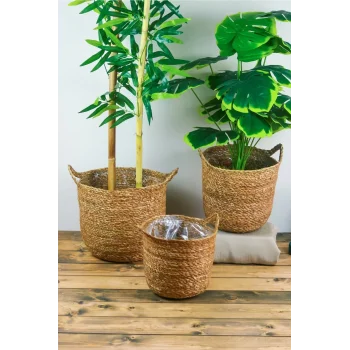 Colleen - Dekoratif Doğal El Örmesi Kulplu Hasır 3 Lü Saksı Sepet Seti