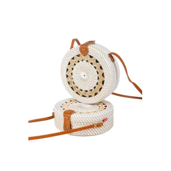 Daisy- Rattan El Yapımı Deri Askılı Hasır Yuvarlak Omuz Çantası Ekru Krem