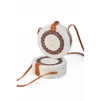 Daisy- Rattan El Yapımı Deri Askılı Hasır Yuvarlak Omuz Çantası Ekru Kahve