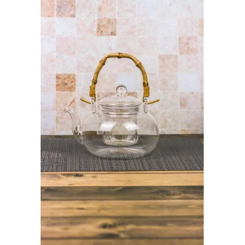Colletta - Bambu Saplı Cam Süzgeçli Cam Bitki Çayı Demliği 1000 Ml