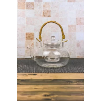 Colletta - Bambu Saplı Cam Süzgeçli Cam Bitki Çayı Demliği 1200 Ml