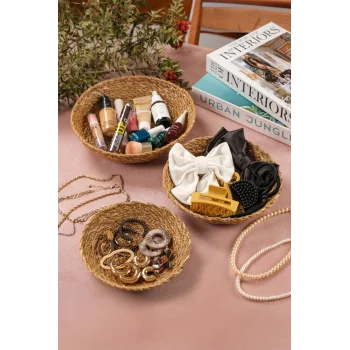 Daniela - Dekoratif Doğal El Yapım Hasır Yuvarlak 3lü Sepet, Havluluk, Ekmek Sepet, Banyo Organizer