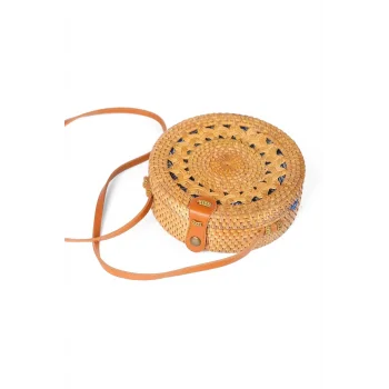 Daisy- Rattan El Yapımı Deri Askılı Hasır Yuvarlak Omuz Çantası