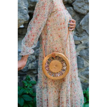 Valentina - Rattan El Yapımı Deri Askı Detaylı Hasır Yuvarlak Omuz Çantası