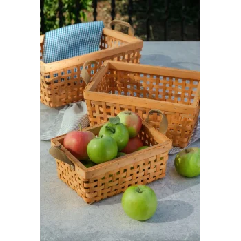 Aiden - Dekoratif 3 lü Kulplu Naturel El Yapımı Çok Amaçlı Ahşap Sepet Seti