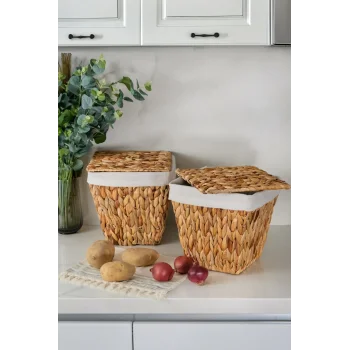 Rita - 2 li Dekoratif İç Korumalı Hasır Kapaklı Çok Amaçlı Patates ve Soğan Sepeti