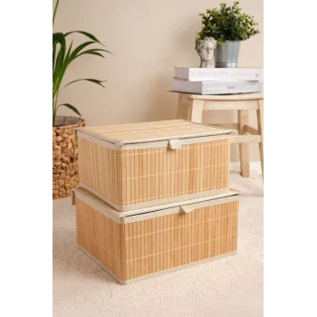 Marion - 2 li Büyük Bambu İç Korumalı, Kapaklı, Organizer, Düzenleyici, Saklama Kutusu