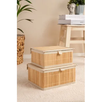 Marion - 2 li Küçük Bambu İç Korumalı, Kapaklı, Organizer, Düzenleyici, Saklama Kutusu