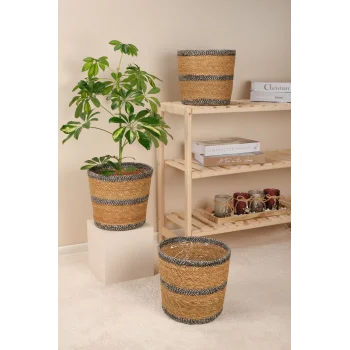 Martina - 3 Adet Dekoratif İç Korumalı Doğal El Örmesi Hasır Saksı Sepet Seti 24 cm