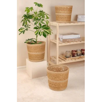 Martina - 3 Adet Dekoratif İç Korumalı Doğal El Örmesi Hasır Saksı Sepet Seti 24 cm