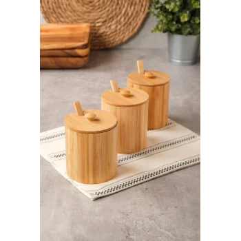 Arven - Bambu 3 lü Kapaklı Kaşıklı Baharat Kavanozu 10 cm x 8,5 cm