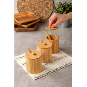 Arven - Bambu 3 lü Kapaklı Kaşıklı Baharat Kavanozu 10 cm x 8,5 cm