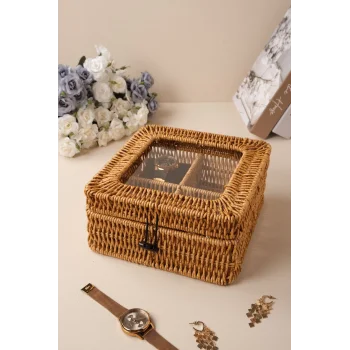 Mathilda - Rattan 4 Bölmeli Kapaklı Saklama Kutusu,Düzenleyici, Organizer, Takı Kutusu