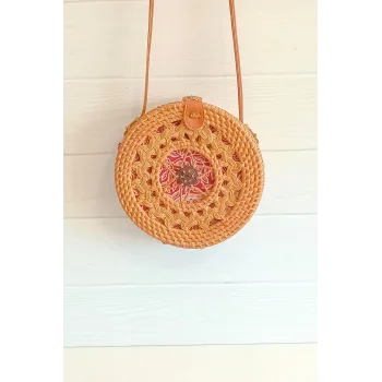 Selina - Rattan El Yapımı Deri Askı Detaylı Hasır Yuvarlak Omuz Çantası