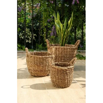 Marlen - 3 lü Dekoratif Doğal El Örmesi Kulplu Hasır Saksı Sepet Seti
