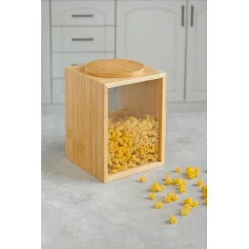 Mia - Bambu Vakum Kapaklı Baharatlık, Erzak Kabı, Bakliyat Kabı, Saklama Kabı 13x13x18 cm, 2 lt