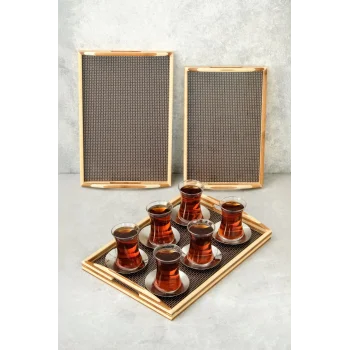 Mia - 3 lü Bambu Dikdörtgen Rattan Desenli Tepsi Seti Büyük: 40x28 cm Orta: 37x25 cm Küçük: 33x22 cm