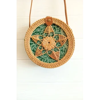 Melina - Rattan El Yapımı Deri Askı Detaylı Hasır Yuvarlak Omuz Çantası