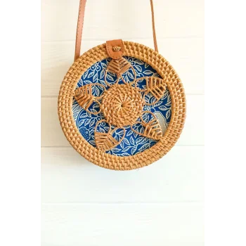 Melina - Rattan El Yapımı Deri Askı Detaylı Hasır Yuvarlak Omuz Çantası