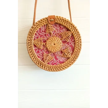 Melina - Rattan El Yapımı Deri Askı Detaylı Hasır Yuvarlak Omuz Çantası