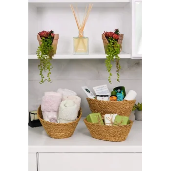 Julia - 3 lü Dekoratif Doğal El Yapımı Hasır Oval Sepet, Havluluk, Ekmek Sepet, Banyo Organizer