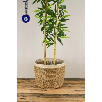 Natalie - Dekoratif Doğal El Örmesi Hasır Büyük Boy Şeritli Saksı Sepeti 29 Cm