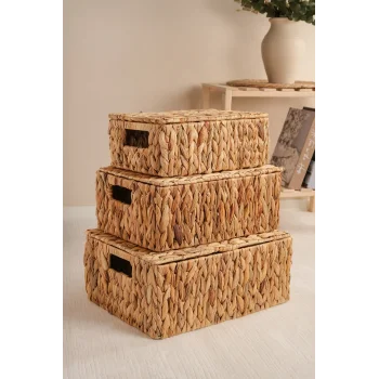 Nicoletta - 3 lü Hasır Kapaklı Dikdörtgen Organizer Çok Amaçlı Sepet Seti